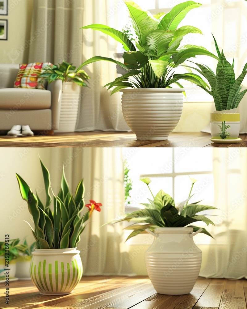 Fototapeta premium Sunlit Modern Living Room with Lush Green Indoor Potted Plants
