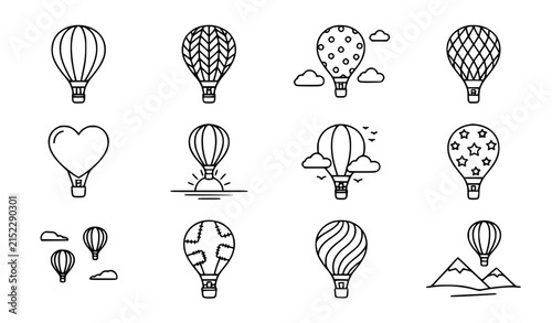 Generic hot air balloons in sky vector icon set line art minimalist flight clouds travel clip art black and white