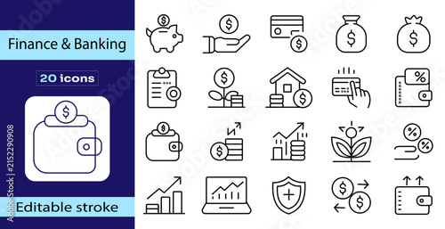 Finance and banking editable stroke icon set with 20 black outline symbols for money, payments, savings, investment, loans, insurance, wallets, cards and financial business.