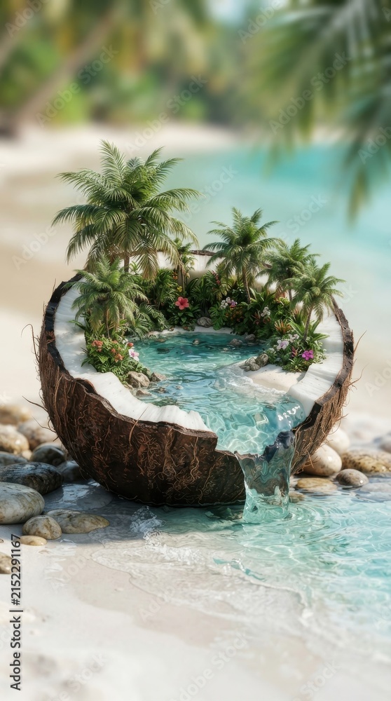 Fototapeta premium Miniature tropical island oasis inside a coconut shell on a sandy beach