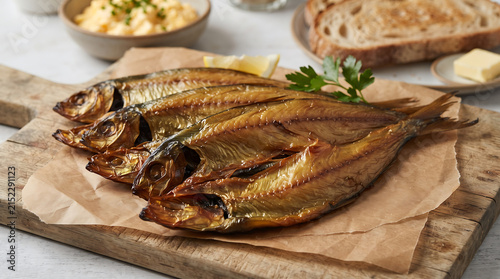 Three whole smoked fish served on parchment with butter and bread.