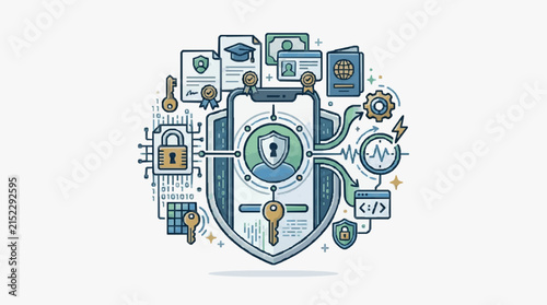Smartphone security illustration featuring digital identity verification, biometric data, secure documents, encryption keys, and cybersecurity shield icon in flat style.