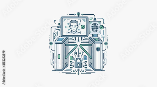 Biometric security access control system vector illustration featuring facial recognition screen, fingerprint scanner, electronic turnstiles, padlock icon, and integrated circuitry.