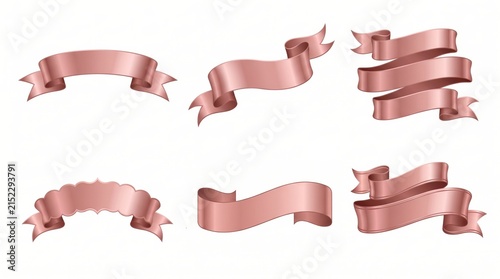 
Rose Gold Ribbon Banners Set Isolated on White Background