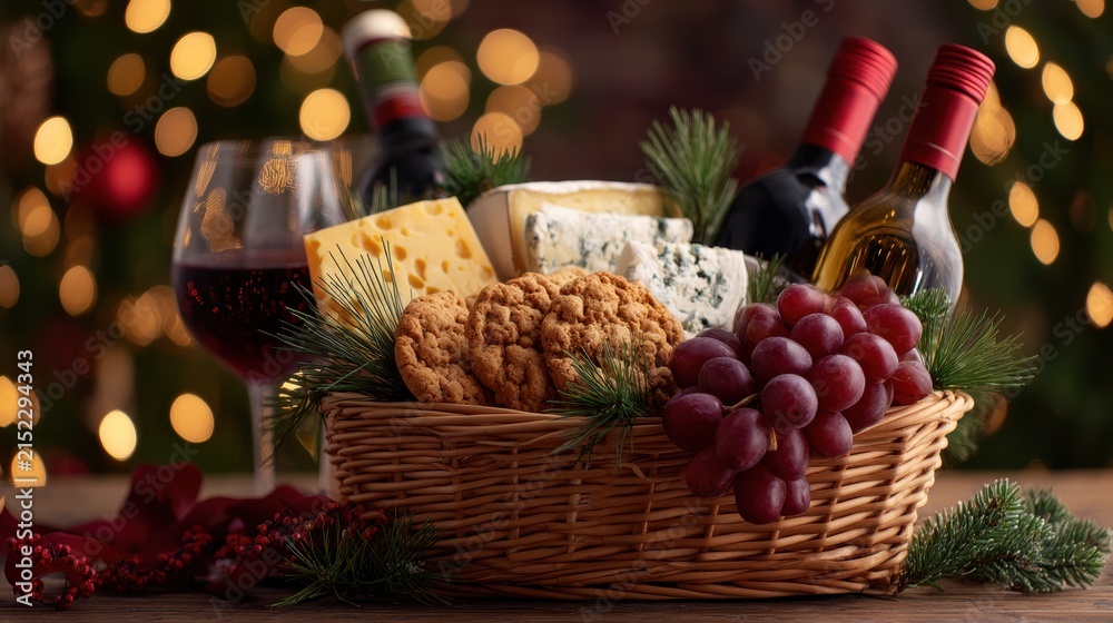 Naklejka premium Gift basket with wine, cheese, cracker and grape. Festive Christmas hamper arrangement for holiday party celebration. Gourmet food selection for luxury winter event or present.