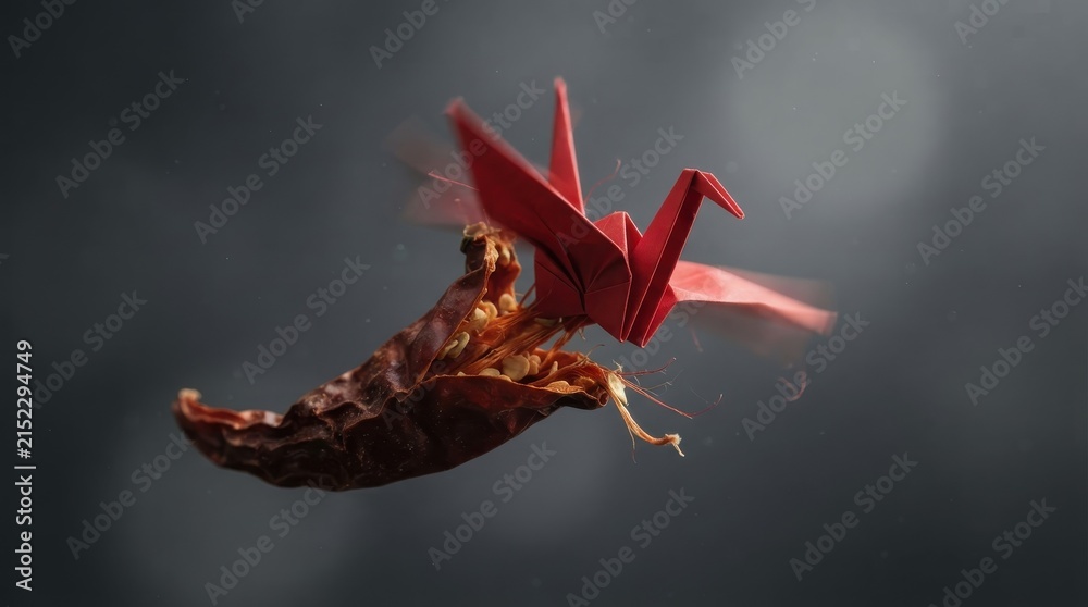 Obraz premium Red paper origami crane flying out of a dried chili pepper