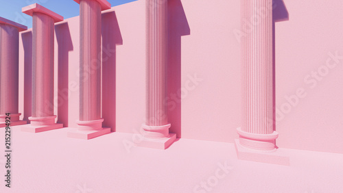 Classical-style columns, pastel pink tones, minimalist exterior, 3d graphics, 3d rendered illustration, simple 3d, 3d columns, pink background, sky 2