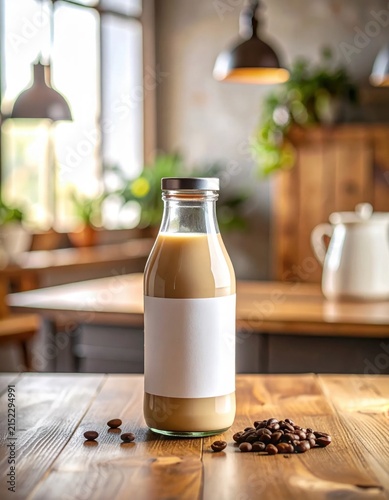 Glass bottle with blank label containing creamy iced coffee latte, roasted coffee beans on wooden table in warm cozy cafe interior