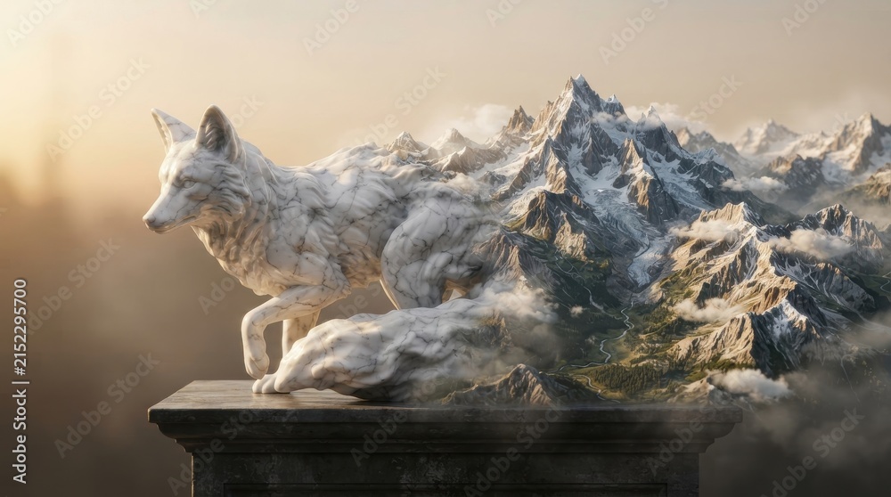 Obraz premium Marble fox sculpture merging with a mountain landscape