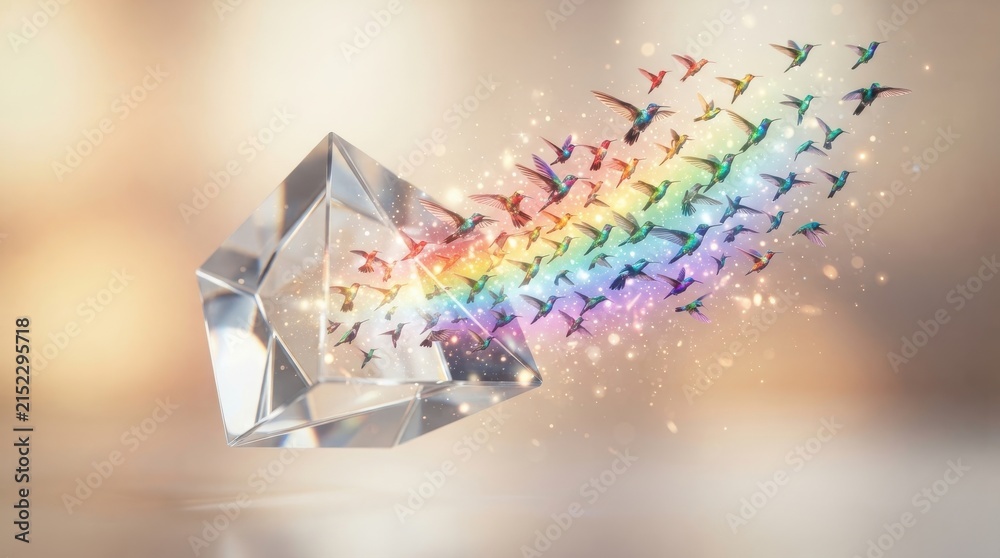 Obraz premium Crystal prism refracting light into colorful hummingbird silhouettes