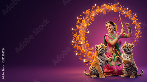 Diwali Navratri concept, joyful Indian woman and cute Bengal tiger cubs playing with dandiya sticks surrounded by swirling diyas and marigold flowers, purple studio background with copy space
