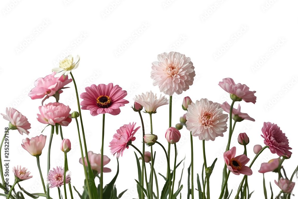 Fototapeta premium Pink and white wildflower bottom border isolated on transparent background