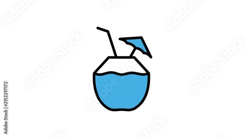 Animated coconut water drink icon for beach vacation, holiday menu. Tropical fruits or summer animation video with alpha channel