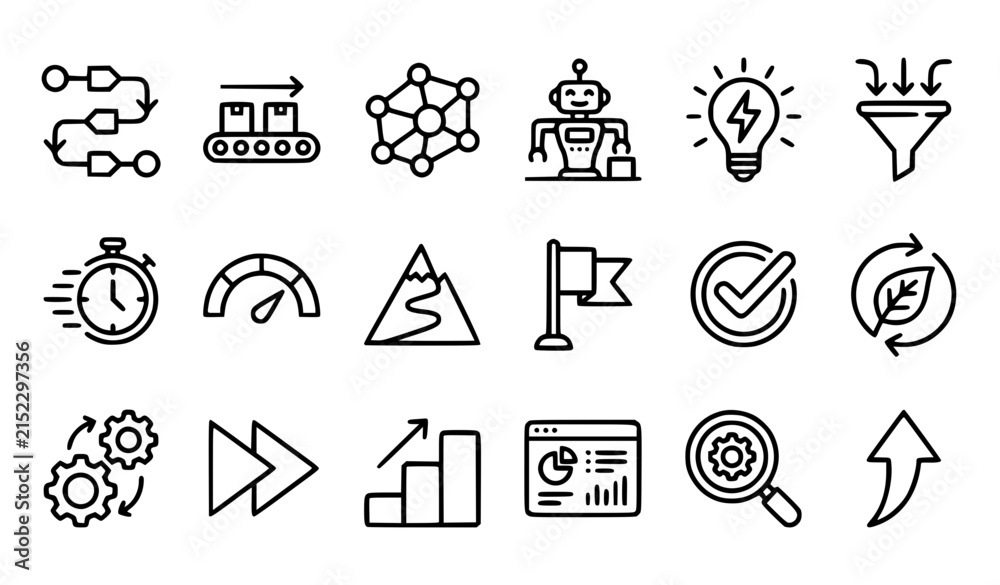 Fototapeta premium Smart Workflow Efficiency Line Icons – Editable Stroke Business Performance Vector Set