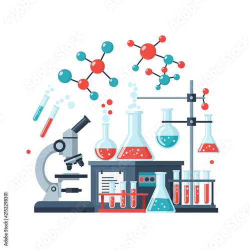 Chemistry Science Lab Equipment and Molecules Vector Illustration - Microscope, Flasks, Test Tubes