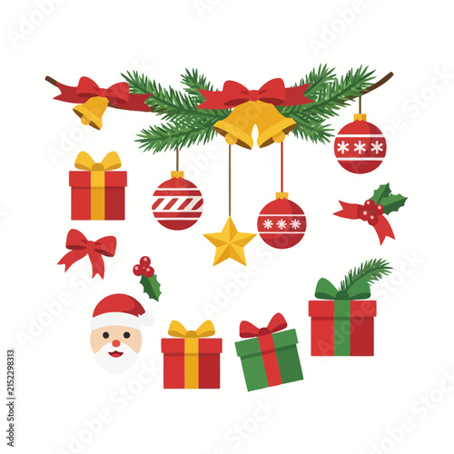 Christmas festive elements collection, isolated on transparent background: Santa, gifts, ornaments, bells, holly, pine branch