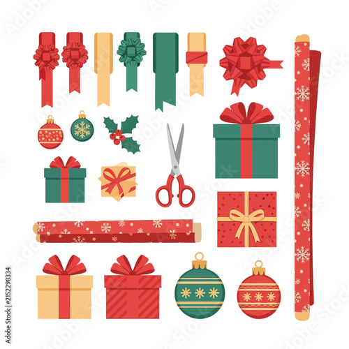 Christmas Gift Wrapping Supplies and Decorations - Isolated Elements