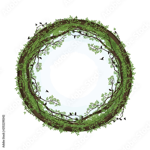 Circular forest canopy with birds, green leaves and branches forming a wreath, isolated on transparent background.