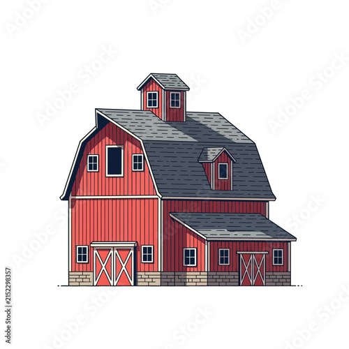 Classic Red Barn Building with Gambrel Roof, Farmhouse Illustration, Isolated on White