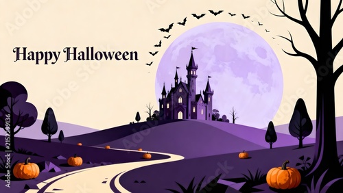 Spooky Halloween Castle Landscape with Full Moon, Bats and Pumpkins