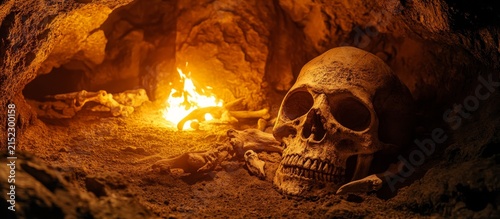 A cinematic still of the interior of an ancient cave, where there is one large skull lying on top and around it some bones. In front of that, there is a glowing fire, created in the style