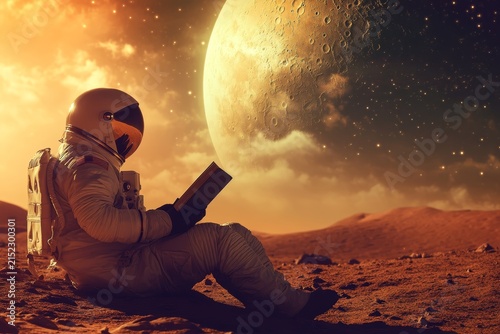 An astronaut sits on the ground, reading against the background of an orange sky and a large moon. The scene is illuminated by soft lighting from above