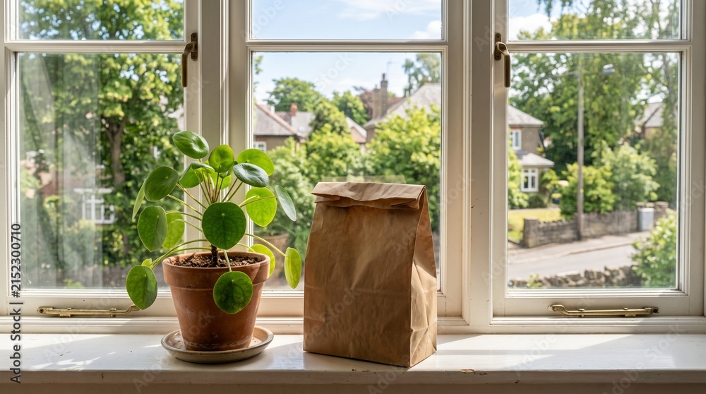 Fototapeta premium Indoor scene with potted plant and brown paper bag on windowsill