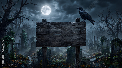 A raven perched on a wooden sign with space for text, in a haunted cemetery.