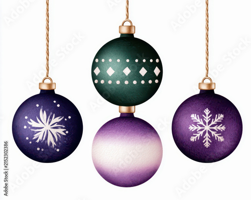 Christmas ball, ornament, texture, hand drawn, craft, snowflake decoration on rope with purple green festive design