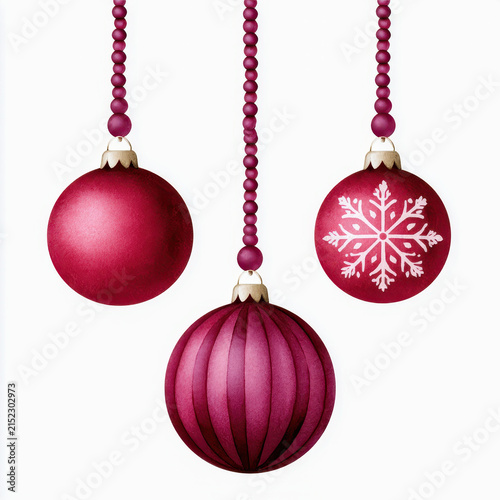 Red ornament bead snowflake holiday decoration hanging festive sphere on white background with elegant craft texture
