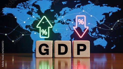 Economic growth and decline concept with wooden blocks labeled gdp and glowing neon arrows showing percentage trends against a map background