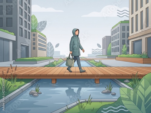 Elevated boardwalk walkway above flooded street with woman in resilient city