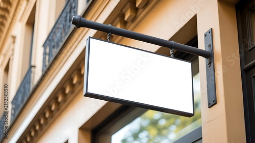 Empty rectangular signboard hanging on a classic building wall with beige stone texture and architectural in a city street setting
