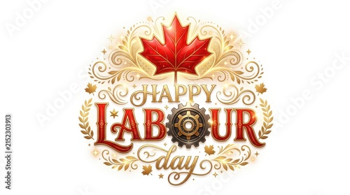 Happy Labour Day gold ornate typography with industrial gear elements