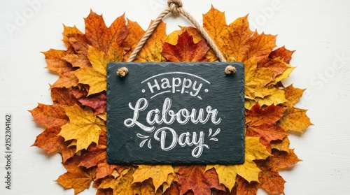 Black slate sign with Happy Labour Day text on maple leaves background