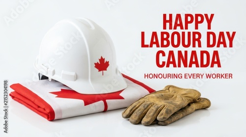 White hard hat and leather work gloves with Canadian flag