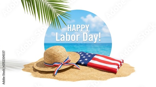 Summer vacation beach scene with straw hat and American flag on sand