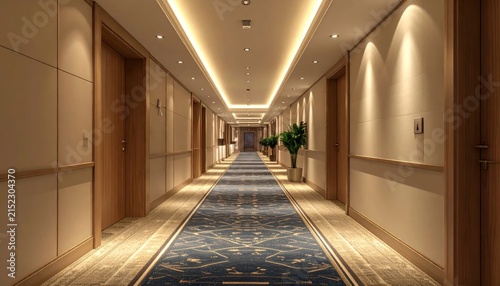 Long luxury hotel hallway with blue carpet and perspective.