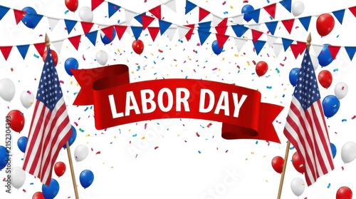 Red banner with Labor Day text and American flags with confetti