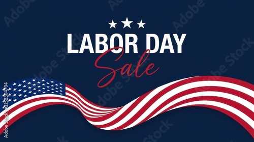 Labor Day sale text with American flag wave on dark blue background