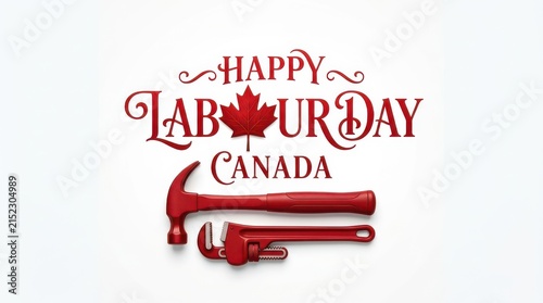 Happy Labour Day Canada text design with red hammer and pipe wrench