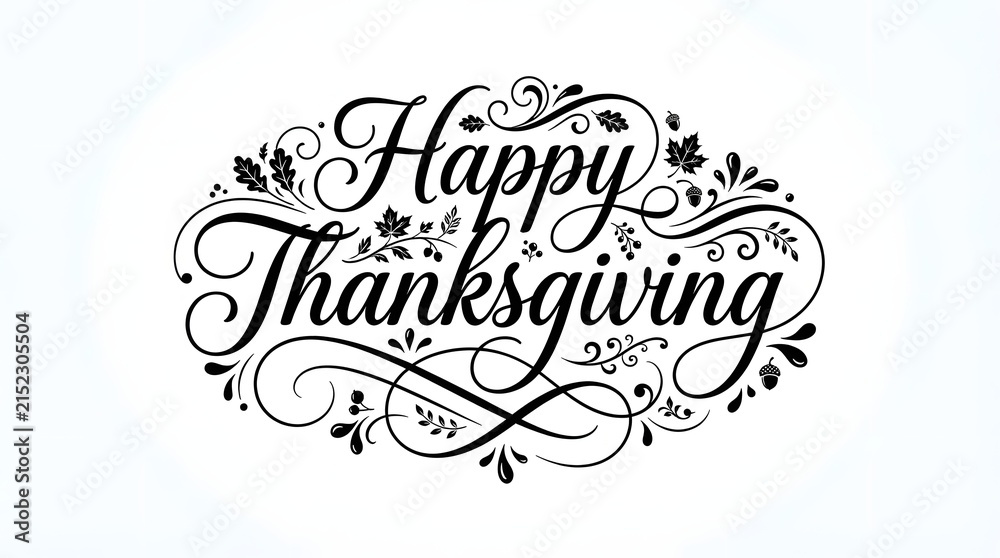 Fototapeta premium Happy thanksgiving calligraphy text with decorative autumn leaves and acorns