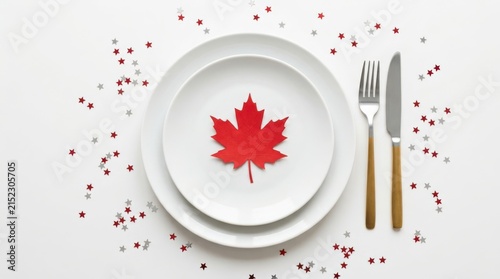 Elegant table setting with red maple leaf and star confetti for holiday