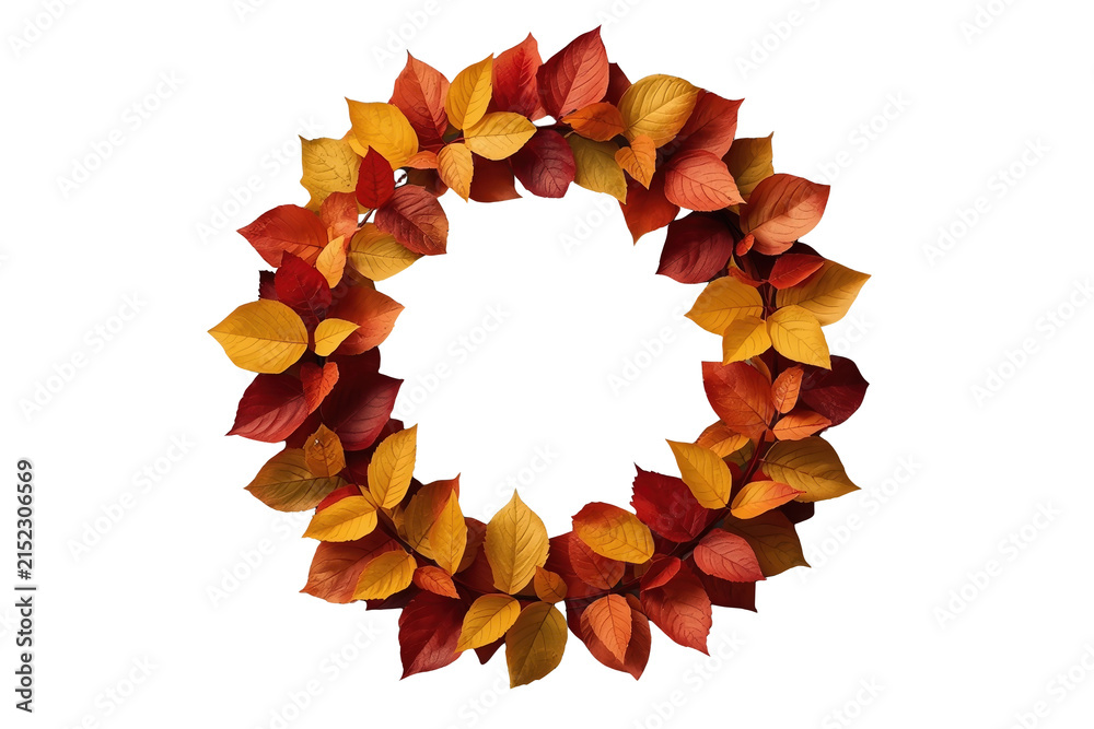 Fototapeta premium Warm red orange autumn leaf wreath isolated on transparent background