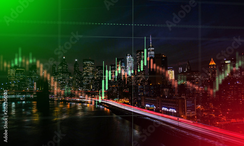 Konstfotografi Financial stock market candlestick chart overlaid on a night cityscape view with city lights representing global economic and urban growth