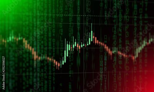 Financial stock market candlestick graph overlaid on abstract matrix green code background representing cyber trading and data analysis.
