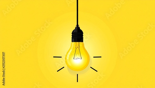 Glowing Light Bulb Hanging on Black Cord Against Bright Yellow Background with Radiating Lines Symbolizing Ideas, Creativity, Innovation, and Bright Conceptual Inspiration in Modern Design