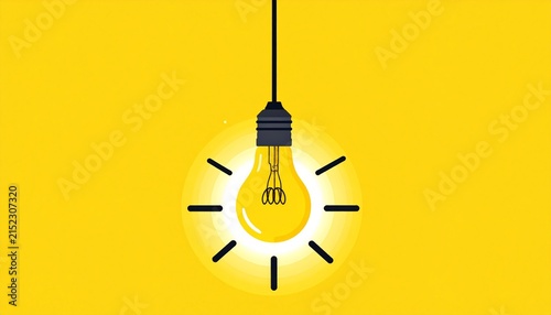 Glowing Light Bulb Hanging on Black Cord Against Bright Yellow Background with Radiating Lines Symbolizing Ideas, Creativity, Innovation, and Bright Conceptual Inspiration in Modern Design