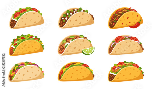 Traditional Mexican tacos vector set with beef lettuce tomato lime chili pepper and cilantro fillings for menu design and food illustration.
