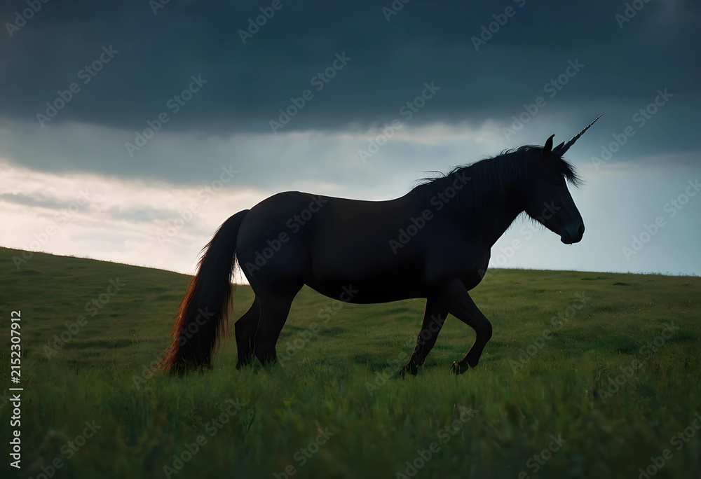 Obraz premium Black unicorn walking across a green grassy hill under a dramatic cloudy sky at dusk, fantasy and magic